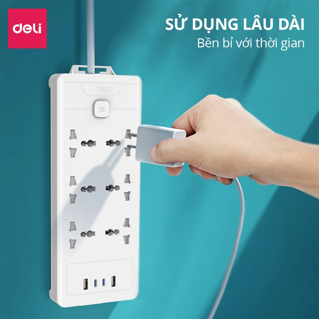 Ảnh Ổ Cắm Điện DELI Tích Hợp Cổng Sạc USB TypeC Sạc Nhanh 20W CSuất 2500W Bảo Vệ Quá Áp Chống Cháy Nổ 4