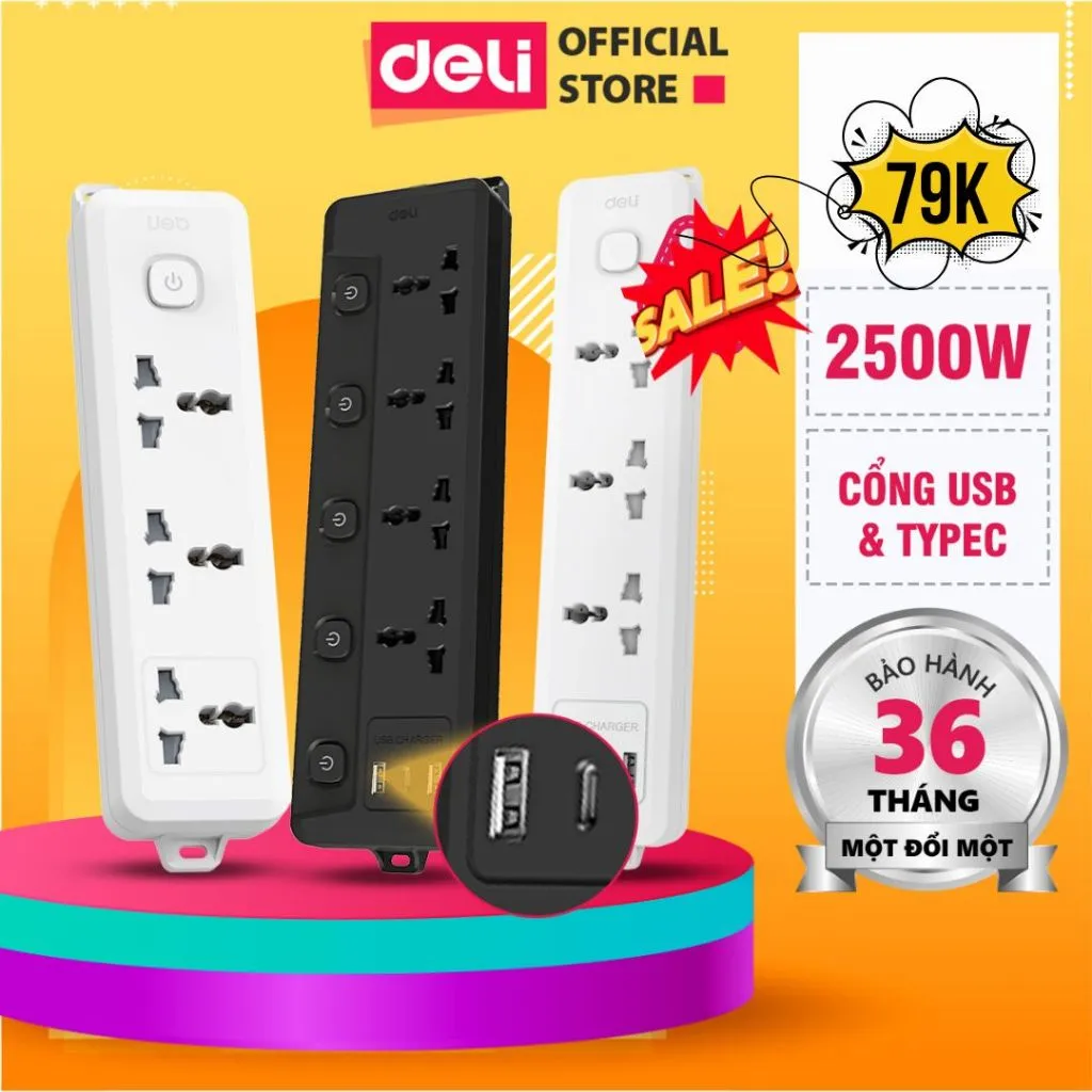 Ảnh Ổ Cắm Điện Mẫu Mới 2025 Deli Ổ ĐIện Đa Năng Chống Cháy Nổ 2500W Cổng Sạc USB/ TypeC Thông Minh 1