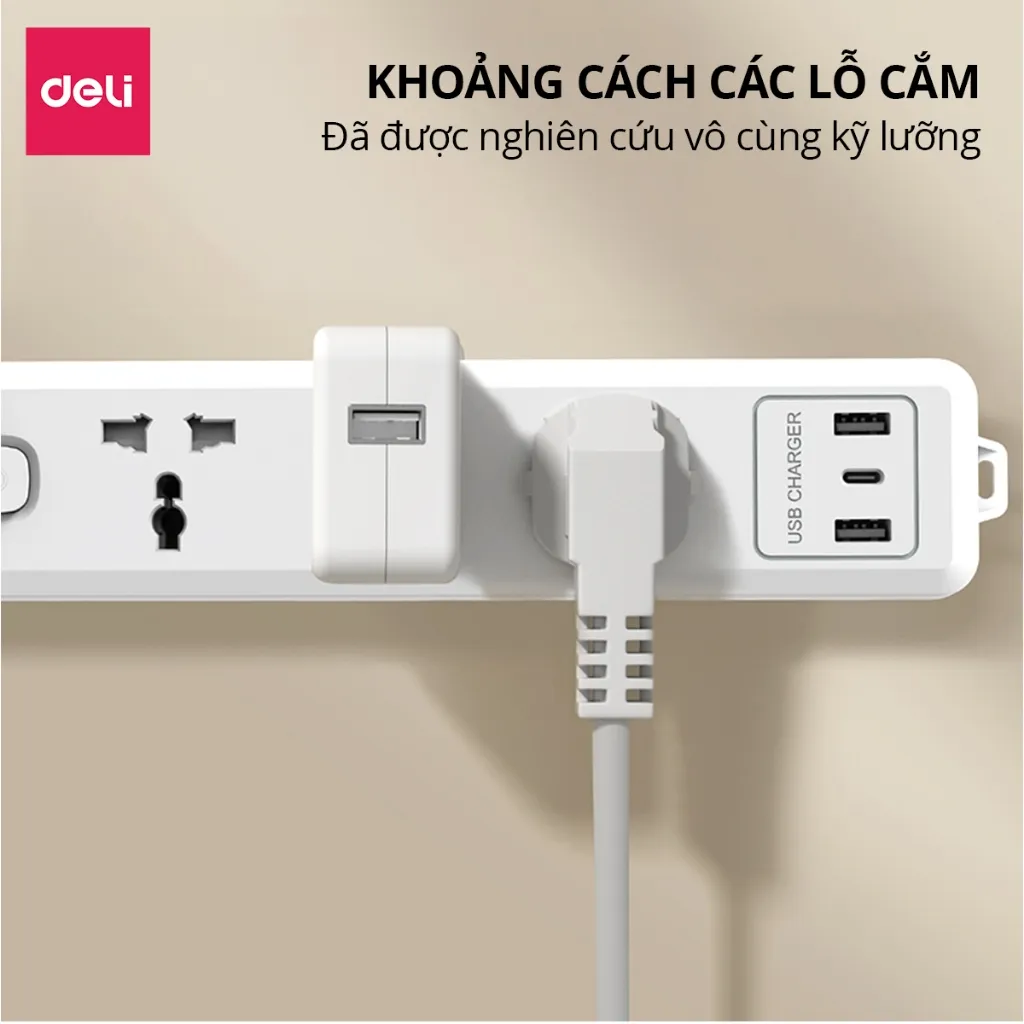 Ảnh Ổ Cắm Điện Mẫu Mới 2025 Deli Ổ ĐIện Đa Năng Chống Cháy Nổ 2500W Cổng Sạc USB/ TypeC Thông Minh 4
