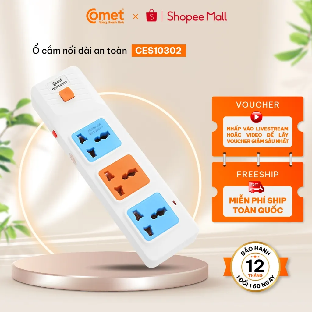 Ảnh Ổ Cắm Điện Nối Dài COMET CES10302 2500W Dài 2m, 3 lỗ 3 chấu, có cầu chì bảo vệ 1