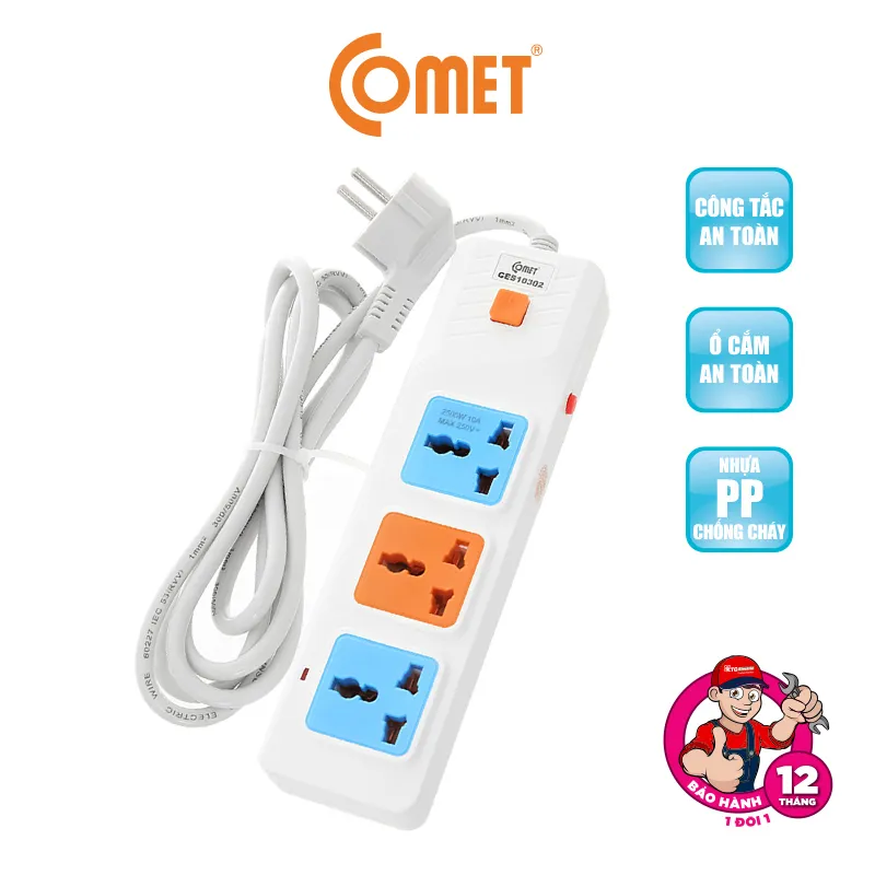 Ảnh Ổ Cắm Điện Nối Dài COMET CES10302 2500W Dài 2m, 3 lỗ 3 chấu, có cầu chì bảo vệ 2