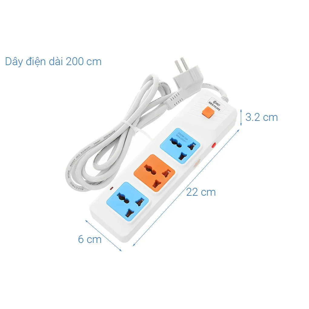 Ảnh Ổ Cắm Điện Nối Dài COMET CES10302 2500W Dài 2m, 3 lỗ 3 chấu, có cầu chì bảo vệ 3
