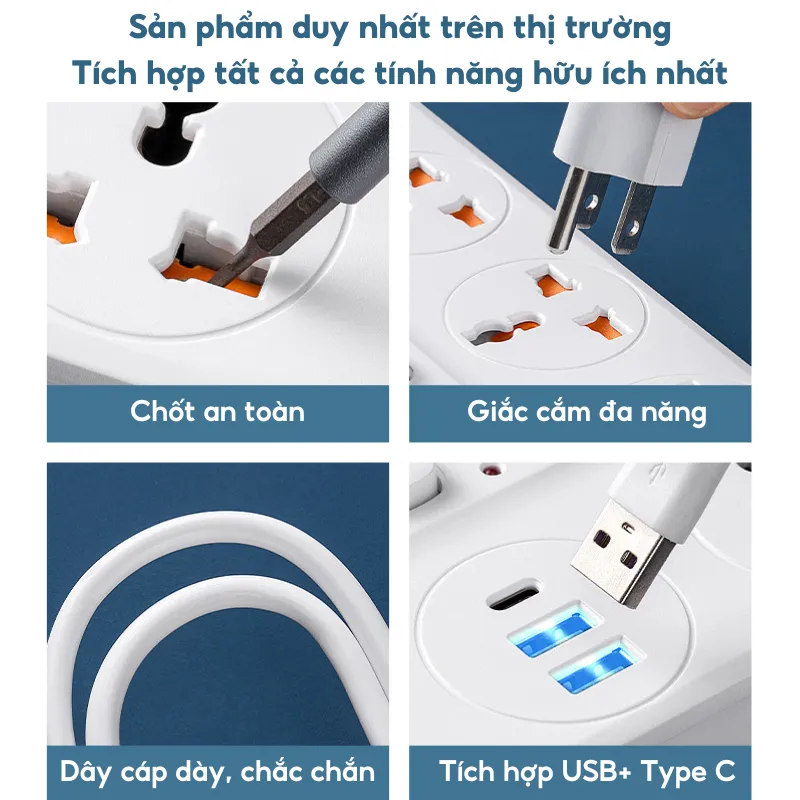 Ảnh Ổ cắm điện thông minh HOKU  đa năng cổng USB Type C 5v sạc nhanh, tiết kiệm điện chịu tải 2500W H dây nối 2,5m 1