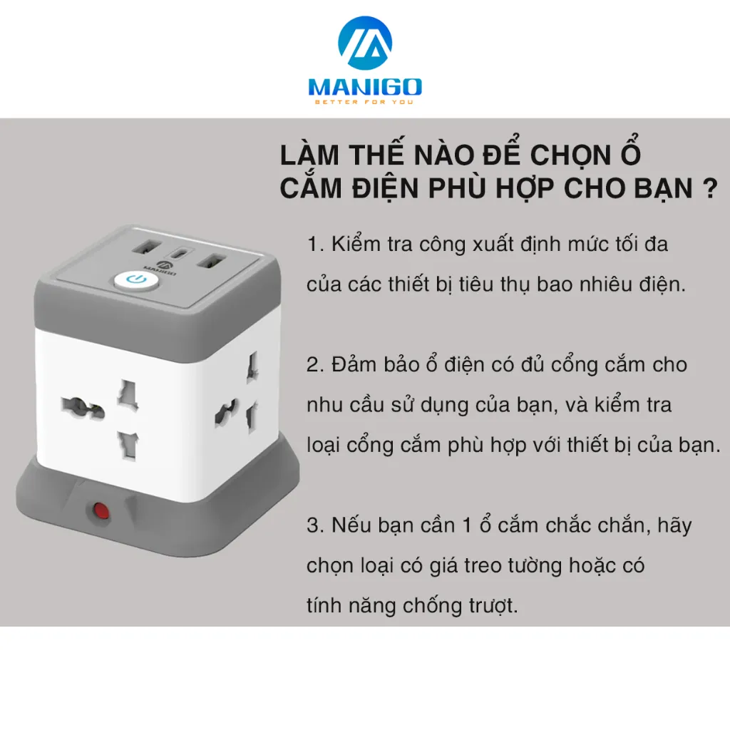 Ảnh Ổ Cắm điện thông minh kéo dài dạng tháp Manigo 4 ổ 2 cổng USB TypeC dây cắm kéo dài 2,5 mét bh 3 năm 3