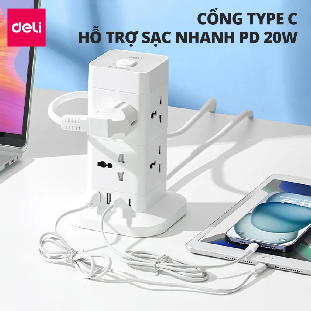Ảnh Ổ Cắm Điện Vuông Tháp DELI Sạc Nhanh USBTypeC 20W Cầu Chì Tự Ngắt CSuất 2500-3250W Cổng Chống Giật 2