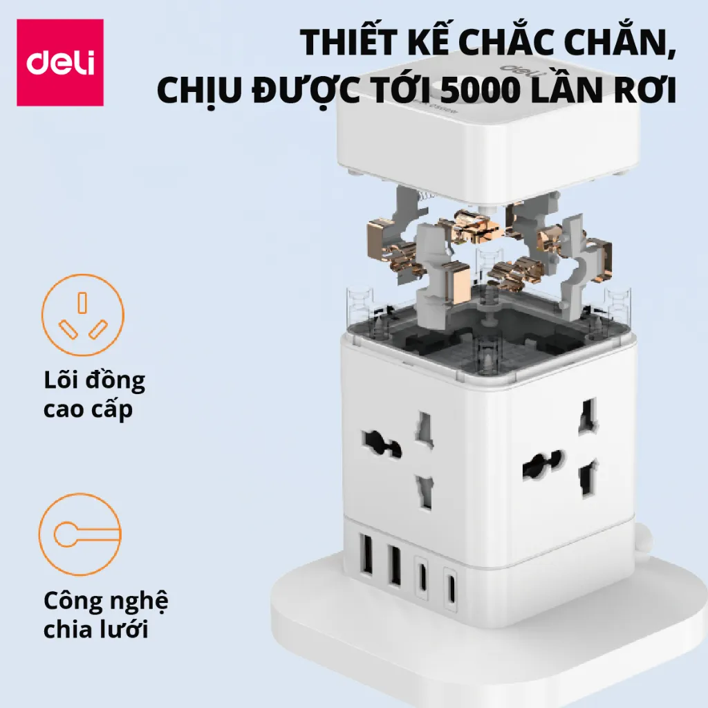 Ảnh Ổ Cắm Điện Vuông Tháp DELI Sạc Nhanh USBTypeC 20W Cầu Chì Tự Ngắt CSuất 2500-3250W Cổng Chống Giật 3