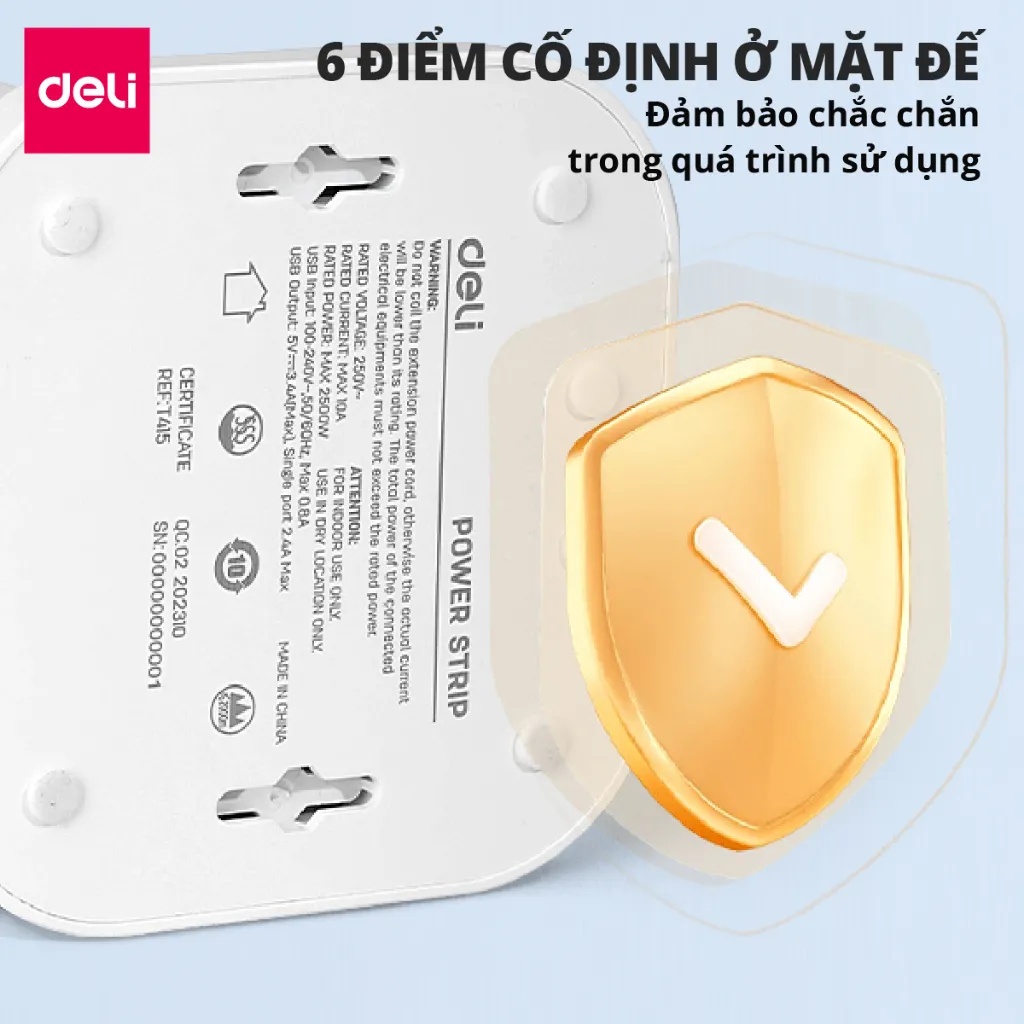 Ảnh Ổ Cắm Điện Vuông Tháp DELI Sạc Nhanh USBTypeC 20W Cầu Chì Tự Ngắt CSuất 2500-3250W Cổng Chống Giật 4