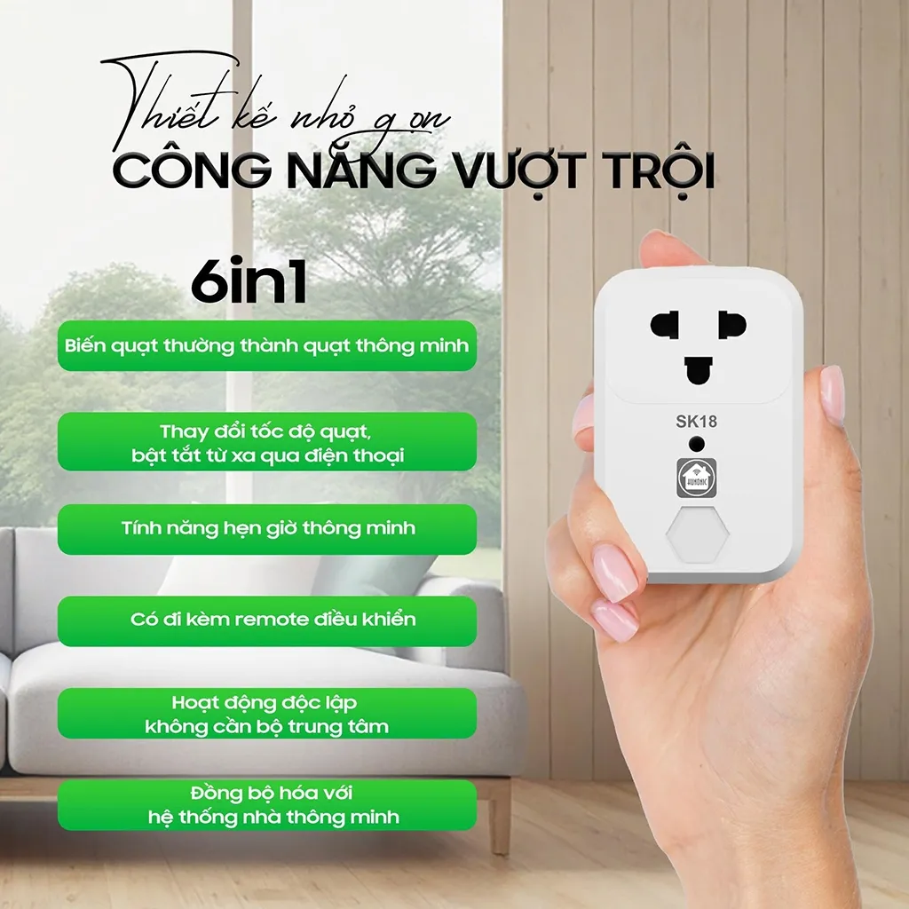 Ảnh Ổ Cắm Quạt Thông Minh Hunonic SK18, Điều Khiển Quạt Từ Xa Qua Điện Thoại - HNSK18 1