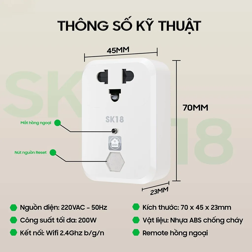 Ảnh Ổ Cắm Quạt Thông Minh Hunonic SK18, Điều Khiển Quạt Từ Xa Qua Điện Thoại - HNSK18 2