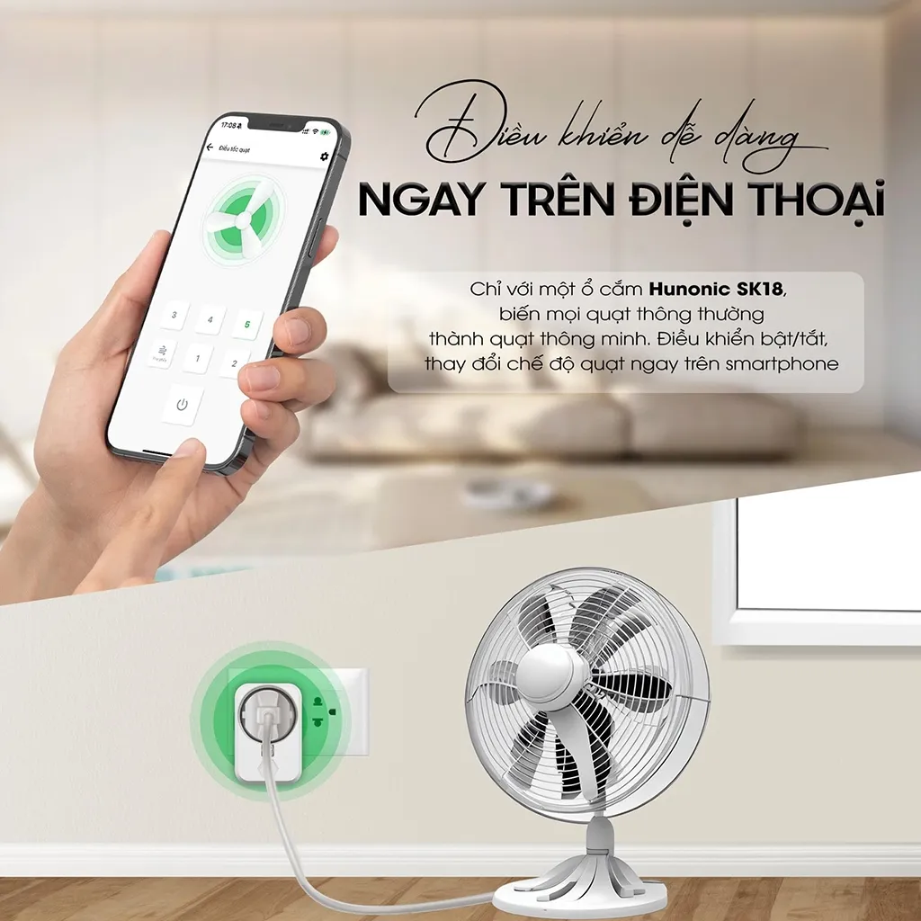 Ảnh Ổ Cắm Quạt Thông Minh Hunonic SK18, Điều Khiển Quạt Từ Xa Qua Điện Thoại - HNSK18 4