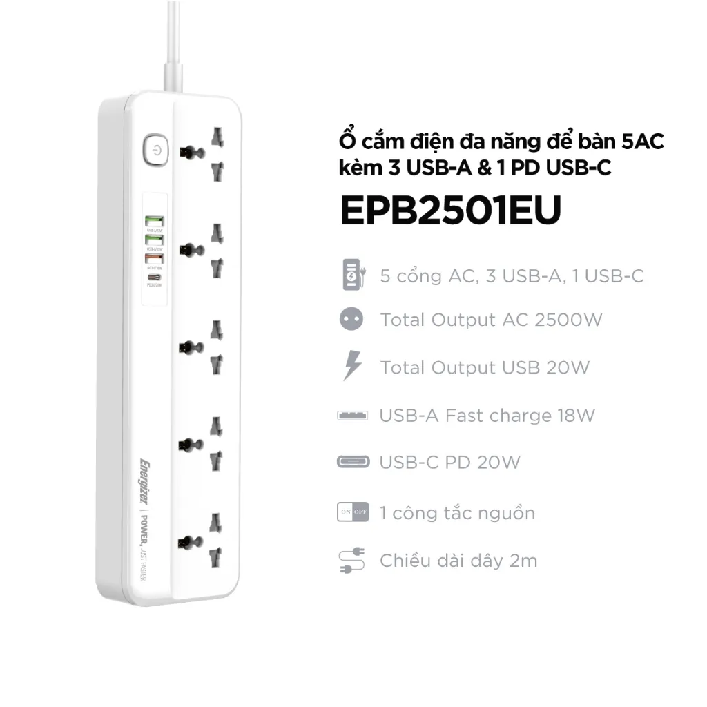 Ảnh Ổ điện đa năng 5AC kèm 3USB-A và 1USB-C sạc nhanh PD (max 20W) - Hàng chính hãng, bảo hành 1 năm 1