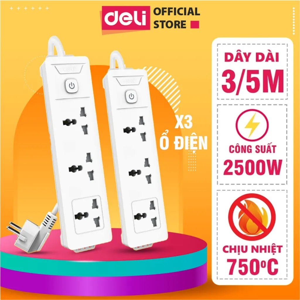 Ảnh Ổ Điện 3 Chân Đa Năng DELI Dây 3m/5m Độ Bền Cao Tiện Dụng, An Toàn Dùng Trong Gia Đình Văn Phòng 1