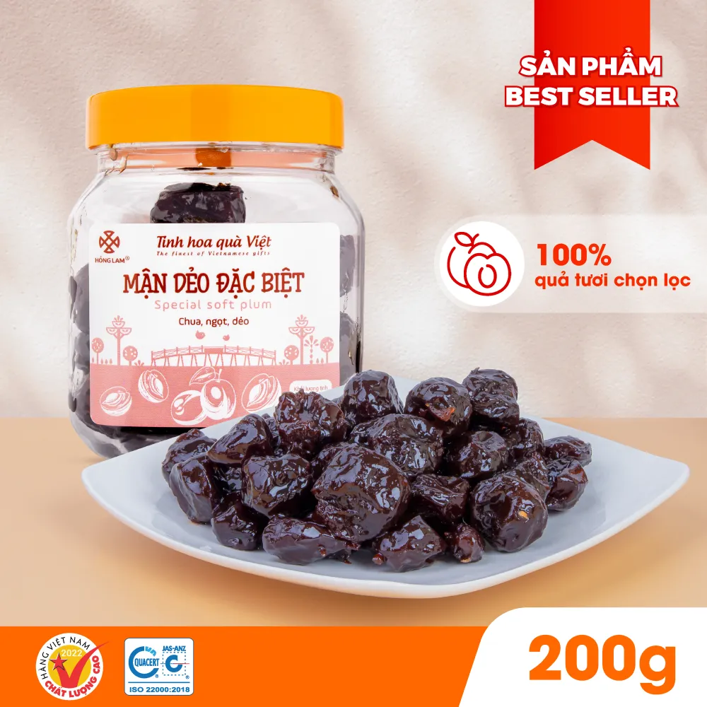 Ảnh Ô mai (xí muội) mận dẻo đặc biệt Hồng Lam, dạng hộp. Có vị chua, ngọt dẻo 1