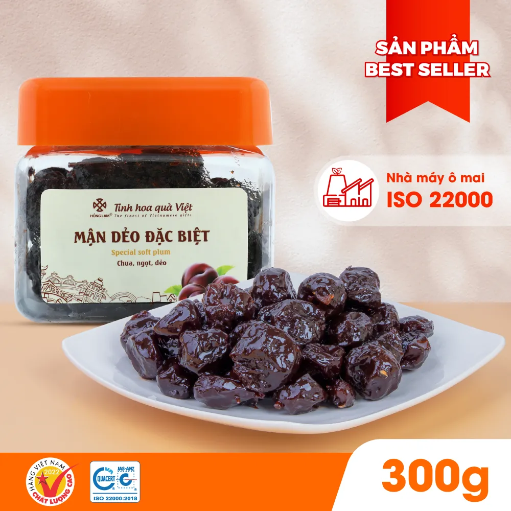 Ảnh Ô mai (xí muội) mận dẻo đặc biệt Hồng Lam, dạng hộp. Có vị chua, ngọt dẻo 2