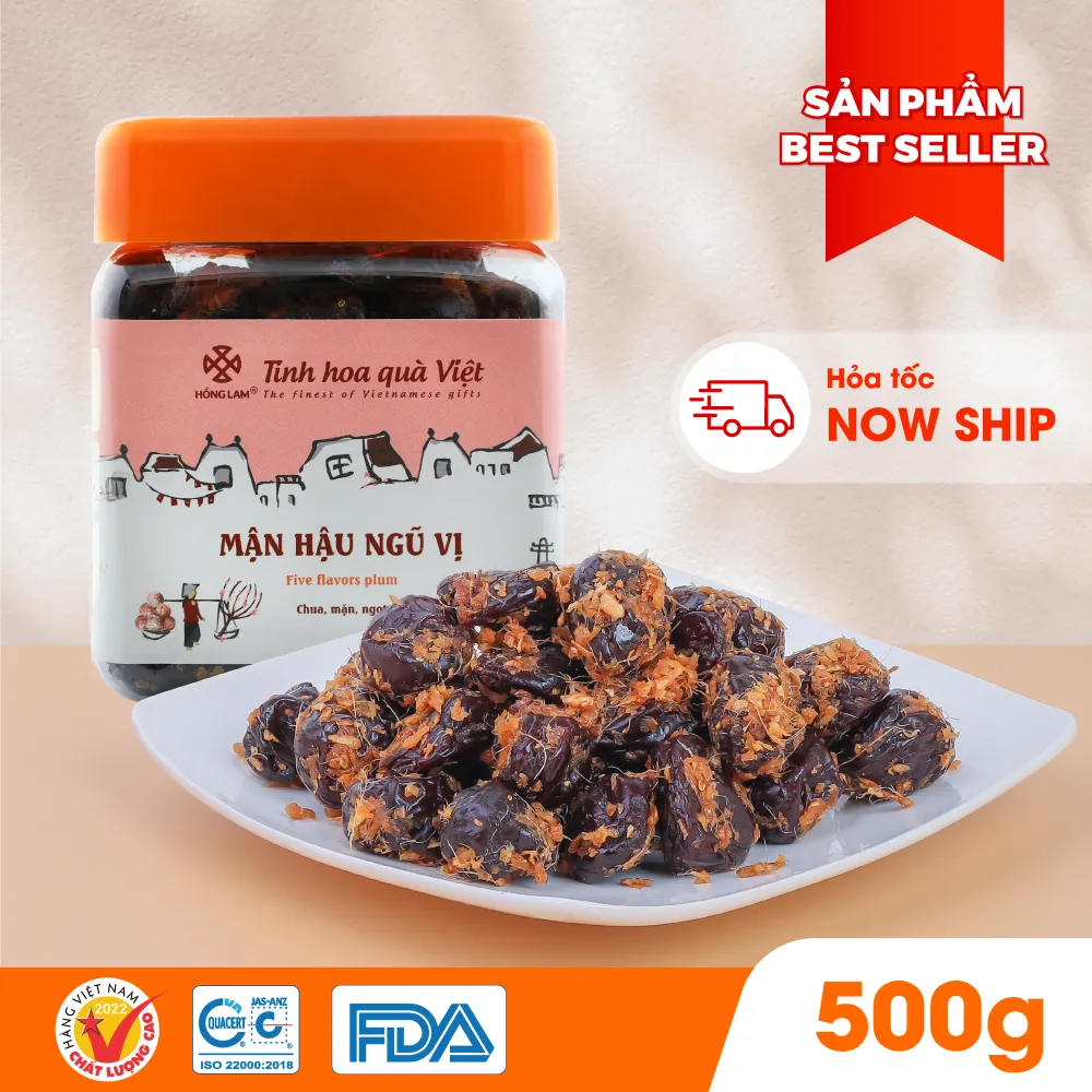 Ảnh Ô mai (xí muội) mận hậu ngũ vị Hồng Lam, dạng hộp và gói. Hương vị chua, cay, mặn ngọt của gừng 3