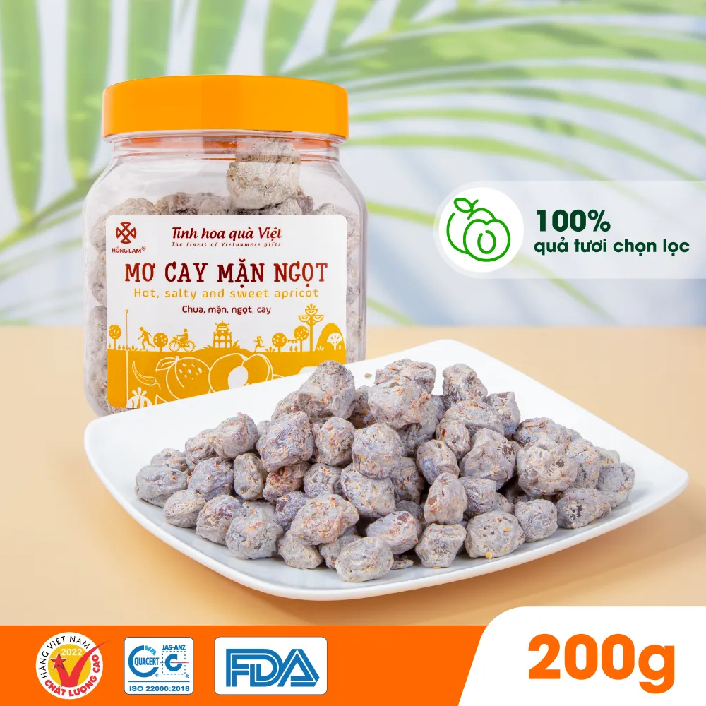 Ảnh Ô mai (xí muội) mơ cay mặn ngọt Hồng Lam dạng hộp và gói. Có vị cay, mặn, ngọt chua 1