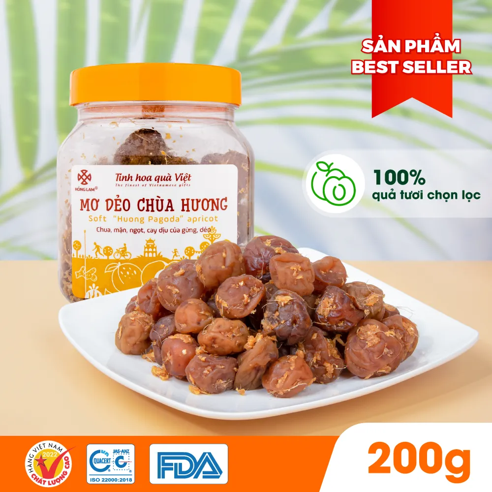 Ảnh Ô mai (xí muội) mơ dẻo chùa Hương Hồng Lam. Dạng hộp và gói. Có vị chua, ngọt, dẻo của gừng 1