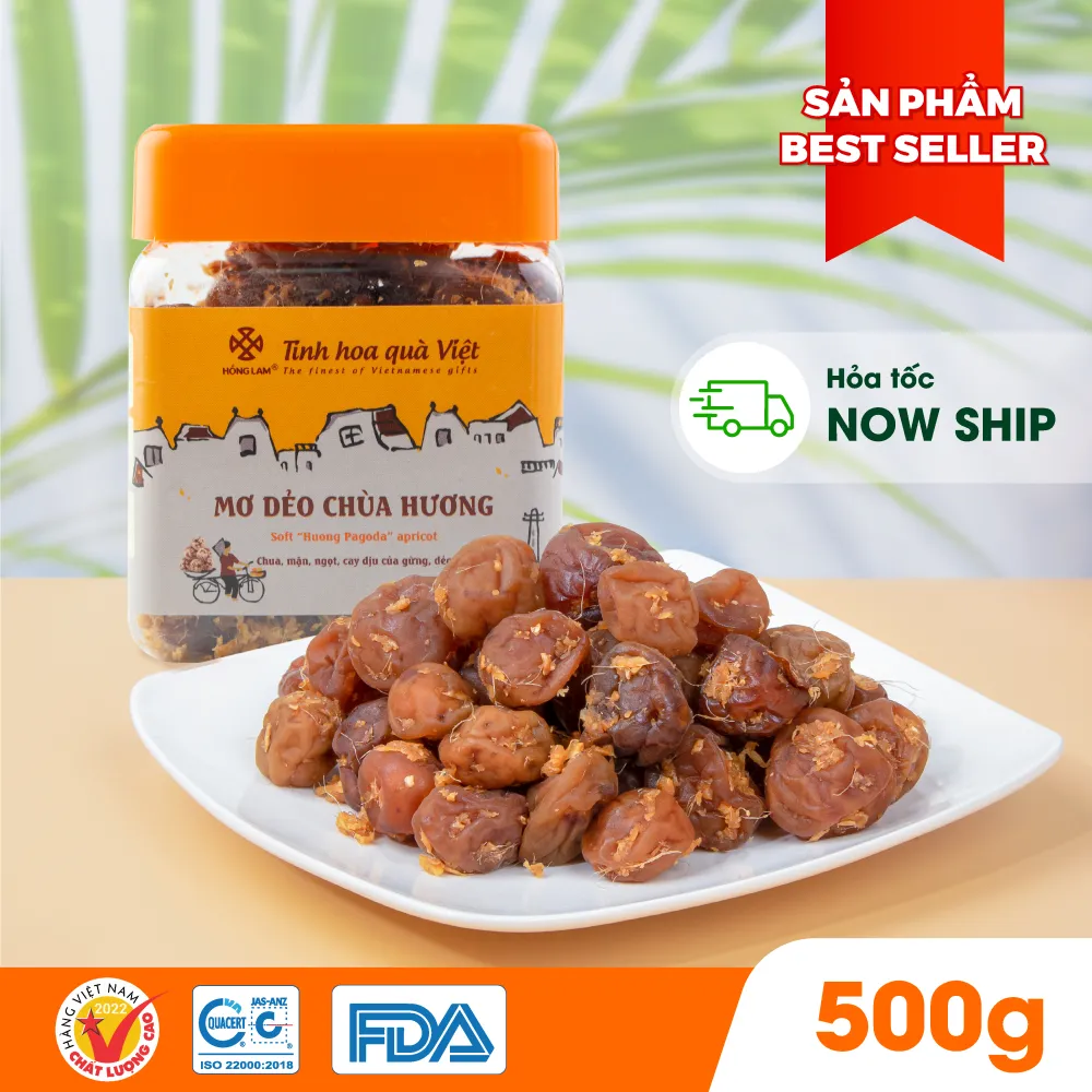 Ảnh Ô mai (xí muội) mơ dẻo chùa Hương Hồng Lam. Dạng hộp và gói. Có vị chua, ngọt, dẻo của gừng 3