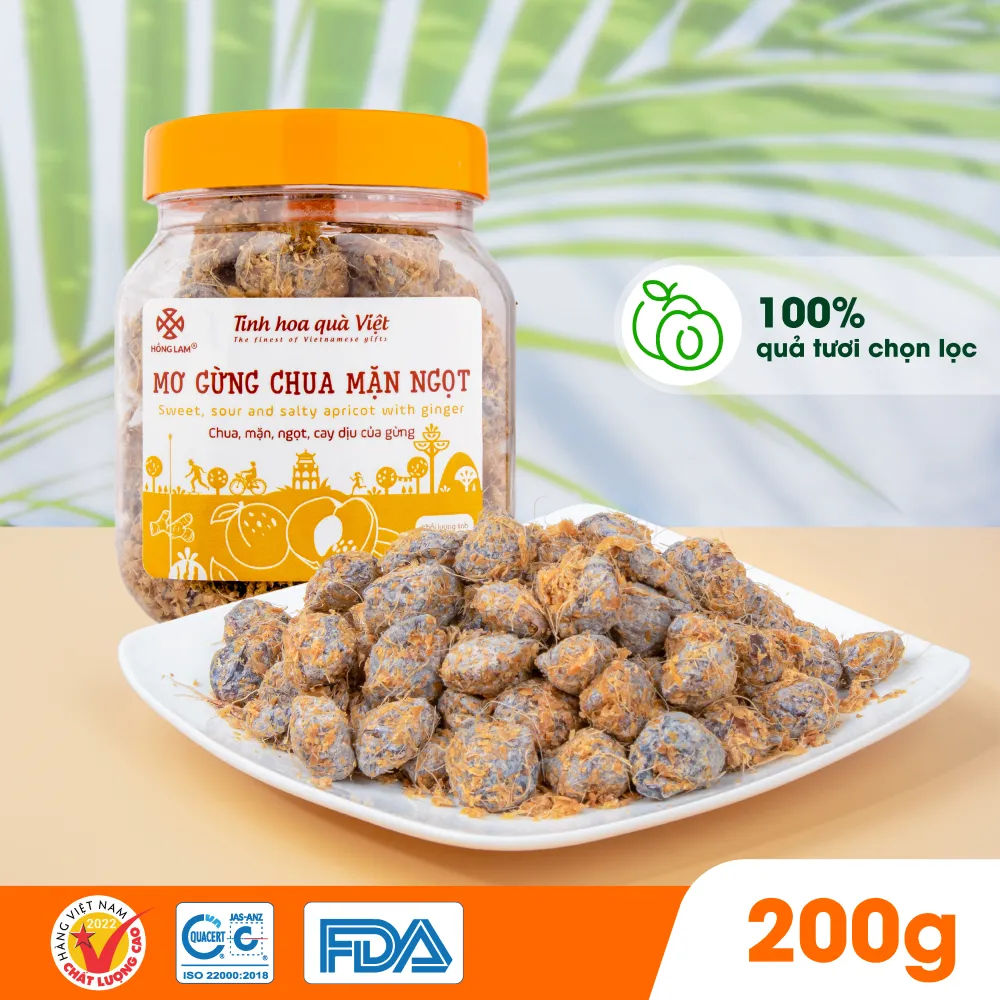 Ảnh Ô mai (xí muội) mơ gừng chua mặn ngọt Hồng Lam, dạng hộp và gói. Có vị chua, mặn, ngọt của gừng 1