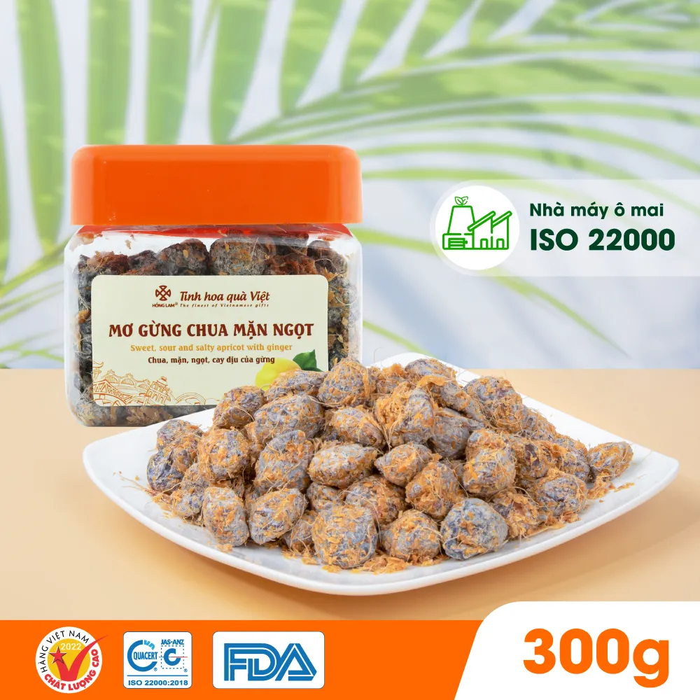 Ảnh Ô mai (xí muội) mơ gừng chua mặn ngọt Hồng Lam, dạng hộp và gói. Có vị chua, mặn, ngọt của gừng 2