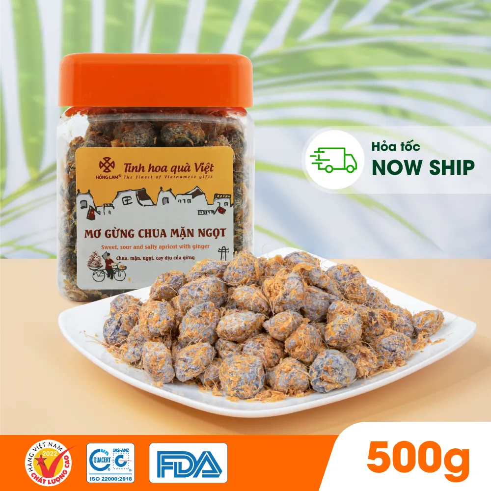 Ảnh Ô mai (xí muội) mơ gừng chua mặn ngọt Hồng Lam, dạng hộp và gói. Có vị chua, mặn, ngọt của gừng 3