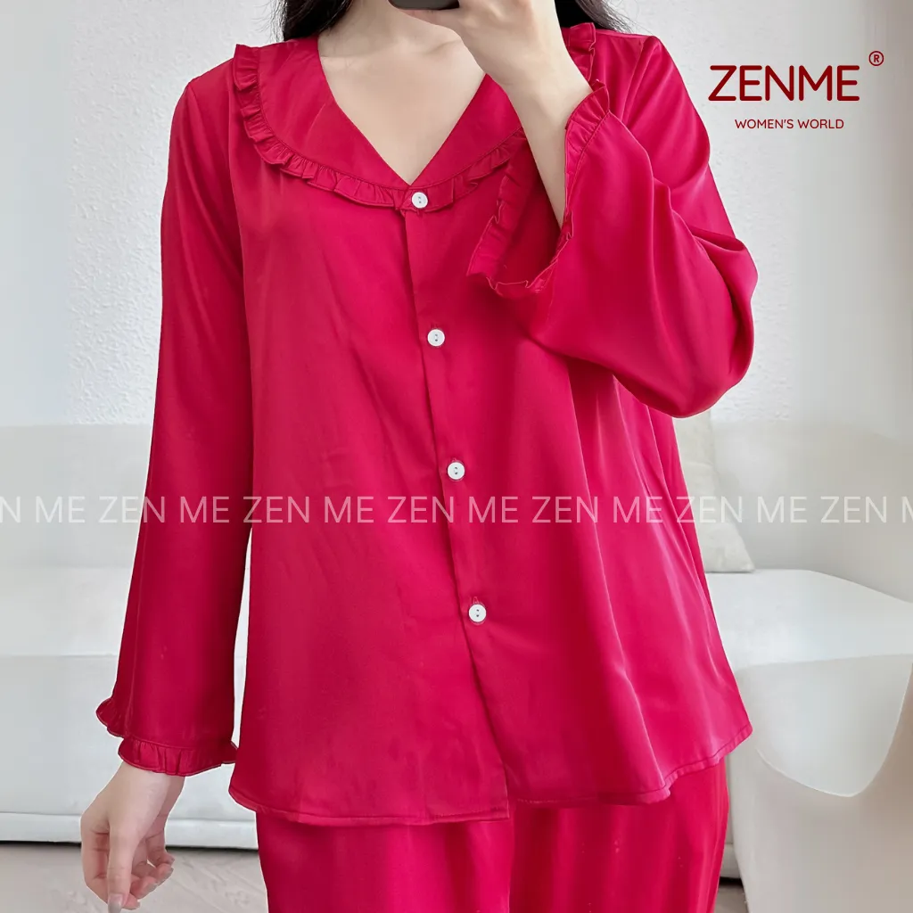 Ảnh Đồ Ngủ Lụa Latin Cao Cấp Zen Me Thiết Kế Cổ Bèo Dài Tay Quần Dài Áo Babydoll PJB1024 2