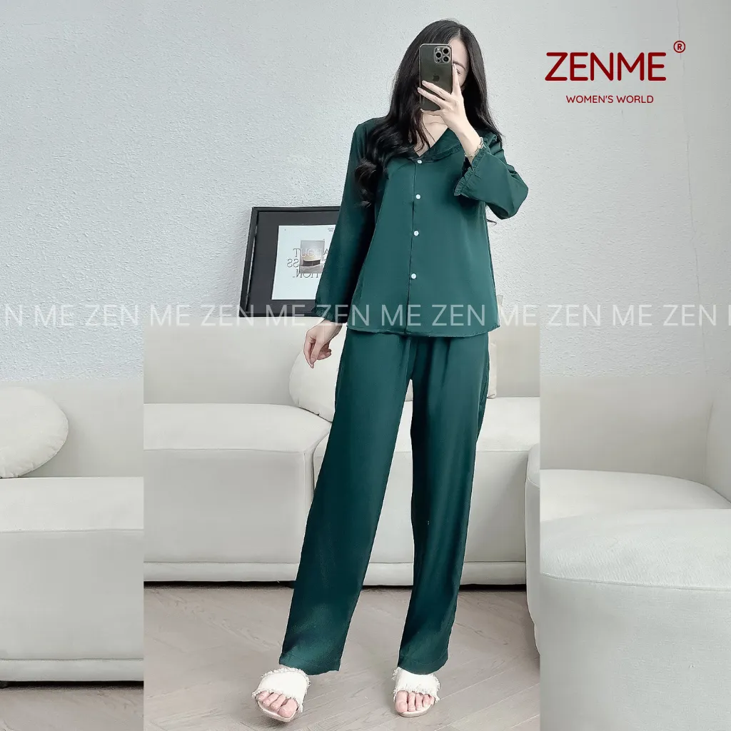 Ảnh Đồ Ngủ Lụa Latin Cao Cấp Zen Me Thiết Kế Cổ Bèo Dài Tay Quần Dài Áo Babydoll PJB1024 4