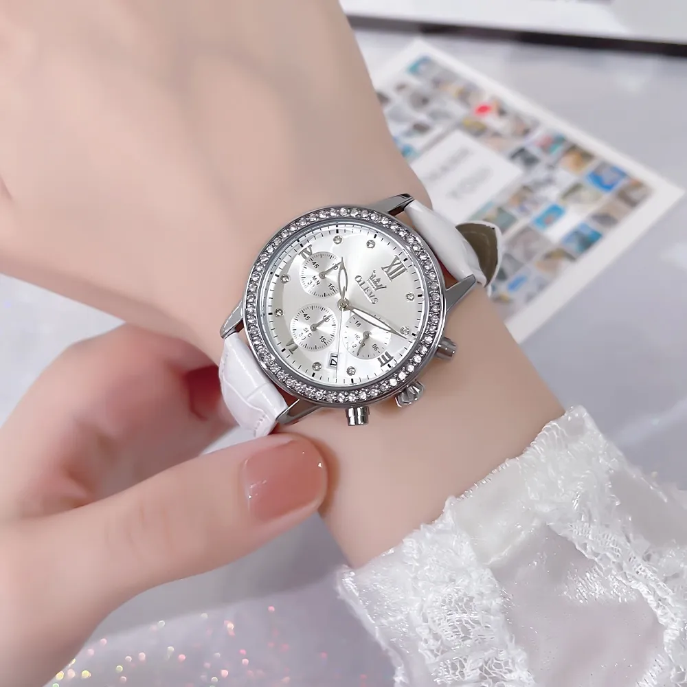 Ảnh OLEVS 9933  Đồng hồ nữ dây da chính hãng đa chức năng lịch ngày ba mắt sáu kim chronograph dạ quang chống thấm nước 2