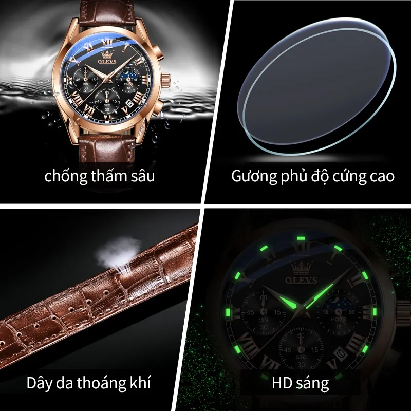 Ảnh OLEVS  Đồng hồ nam chính hãng Lịch chuyển động thạch anh Mặt số phát sáng chống thấm nước 2871 4