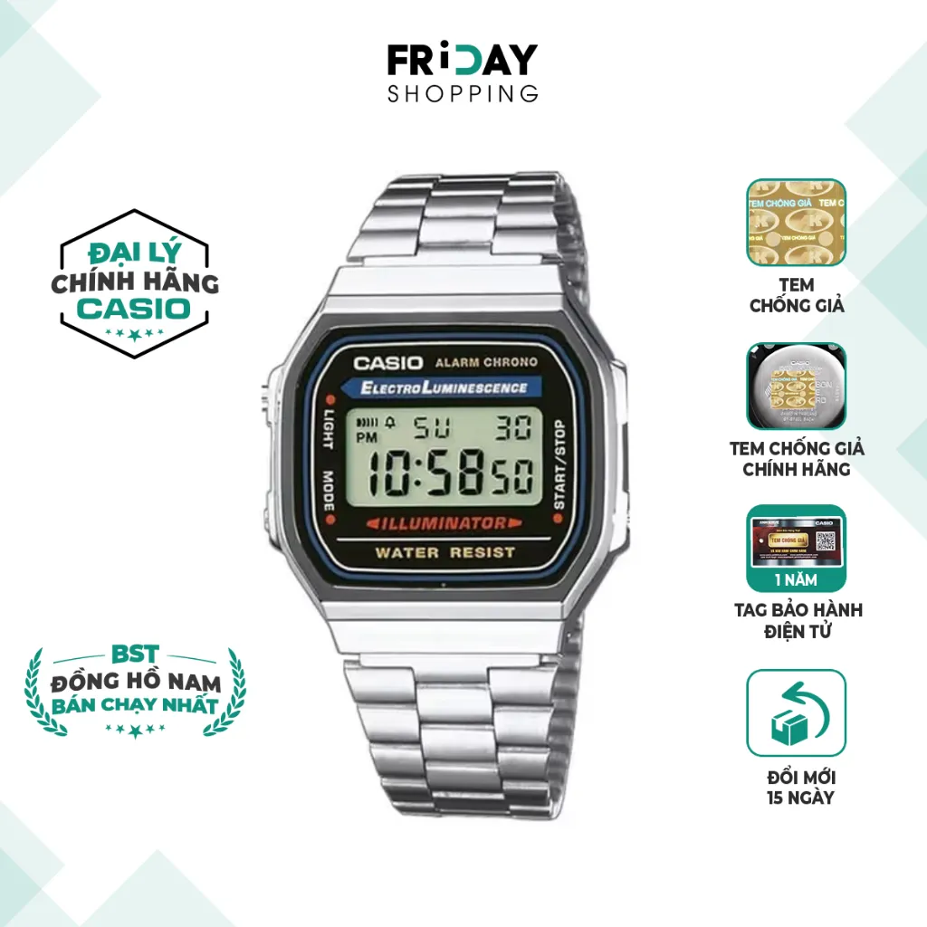 Ảnh Đồng Hồ Casio Nam Điện Tử A168WA-1WDF Mặt Vuông Dây Kim Loại Chính Hãng 1