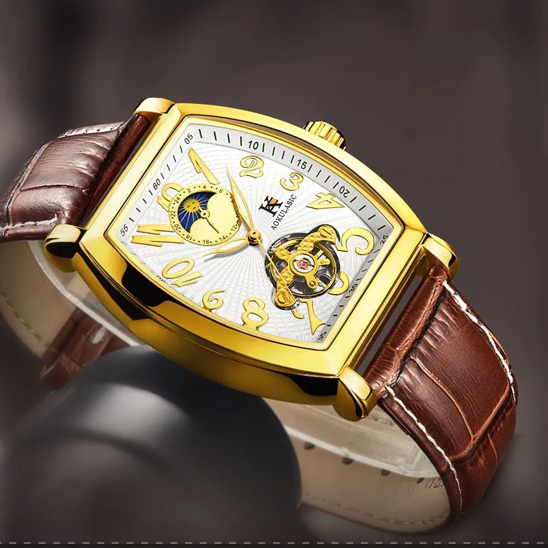 Ảnh Đồng hồ cơ tự động nam AOKULASIC Automatic dây da cao cấp - Kim dạ quang - Thiết kế mặt chữ nhật lộ máy cá tính AOK5002G 1