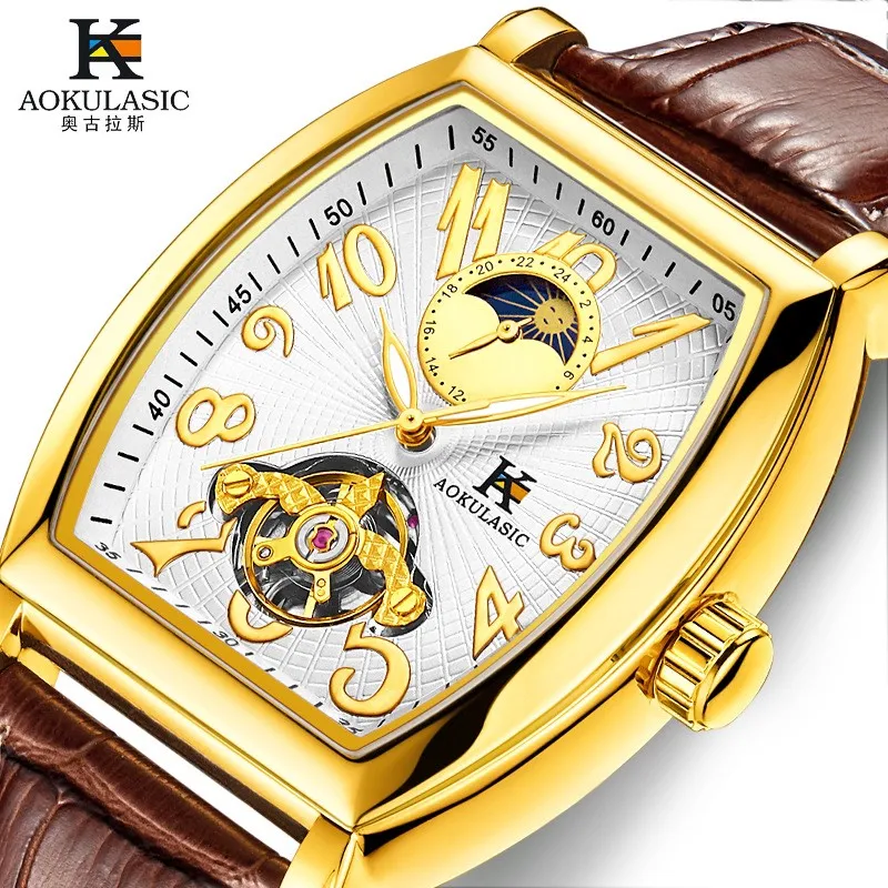 Ảnh Đồng hồ cơ tự động nam AOKULASIC Automatic dây da cao cấp - Kim dạ quang - Thiết kế mặt chữ nhật lộ máy cá tính AOK5002G 2