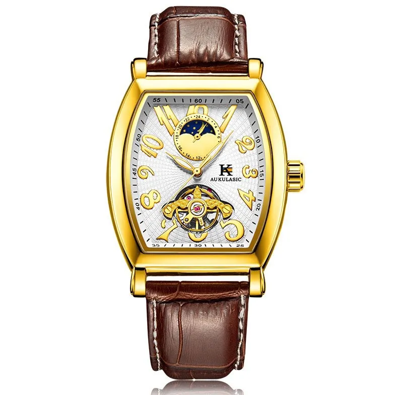 Ảnh Đồng hồ cơ tự động nam AOKULASIC Automatic dây da cao cấp - Kim dạ quang - Thiết kế mặt chữ nhật lộ máy cá tính AOK5002G 3