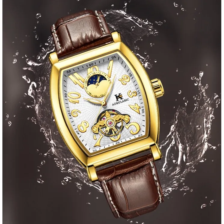 Ảnh Đồng hồ cơ tự động nam AOKULASIC Automatic dây da cao cấp - Kim dạ quang - Thiết kế mặt chữ nhật lộ máy cá tính AOK5002G 4