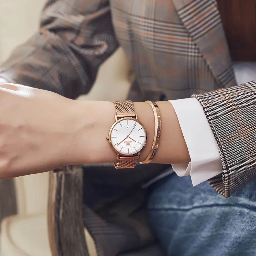 Ảnh Đồng hồ đeo tay OLEVS 5869 dây đeo thép lưới siêu mỏng có lịch chống thấm nước màu vàng hồng thời trang cho nữ 3