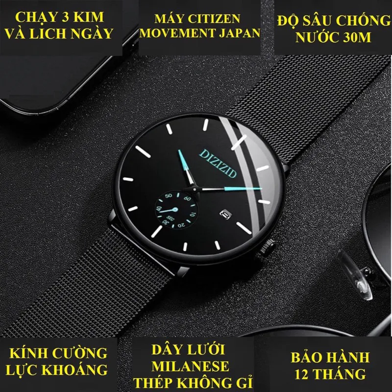 Ảnh Đồng hồ nam chính hãng DIZIZID dây thép lụa đen chạy full kim và lịch ngày - Phong cách nam tính và thời thượng DZ6K6 1