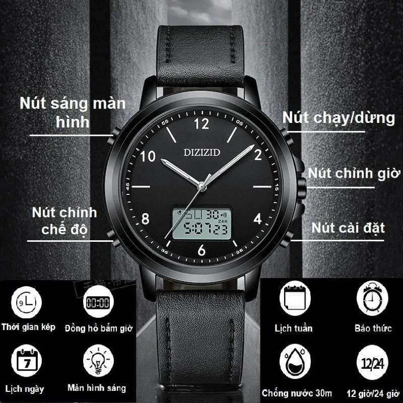 Ảnh Đồng hồ nam chính hãng DIZIZID Kim-Kỹ thuật số dây da thật cao cấp - Chống nước tốt - Đa chức năng - Thiết kế cá tính 3