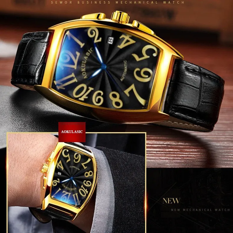 Ảnh Đồng hồ nam cơ tự động AOKULASIC Automatic dây da cao cấp thiết kế mặt chữ nhật vòm độc đáo AOK89 1