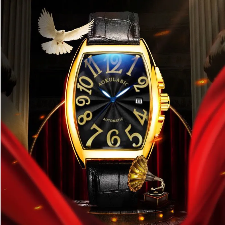 Ảnh Đồng hồ nam cơ tự động AOKULASIC Automatic dây da cao cấp thiết kế mặt chữ nhật vòm độc đáo AOK89 2