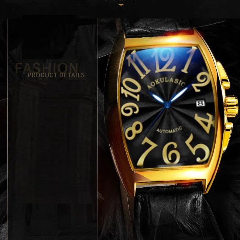 Ảnh Đồng hồ nam cơ tự động AOKULASIC Automatic dây da cao cấp thiết kế mặt chữ nhật vòm độc đáo AOK89 3