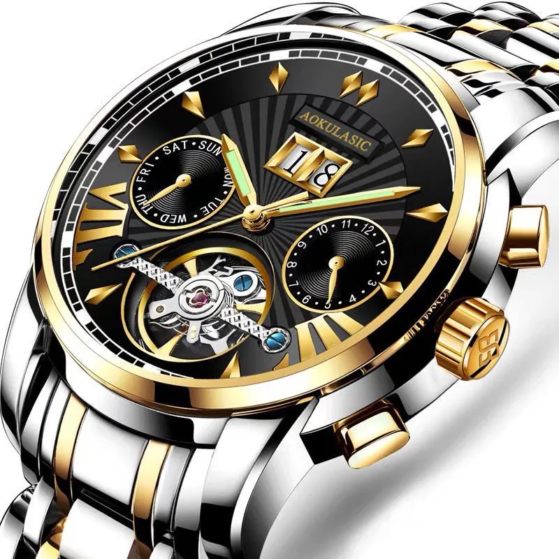 Ảnh Đồng hồ nam cơ tự động AOKULASIC Automatic chính hãng - Chạy full 6 kim - Dây thép đúc đặc - Khóa bướm cao cấp AOK69 2