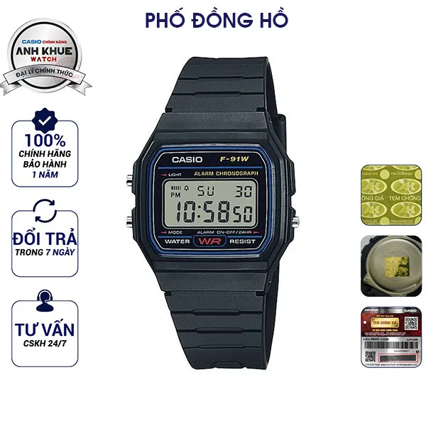 Ảnh Đồng hồ nam dây nhựa huyền thoại Casio chính hãng Anh Khuê F-91W-1DG 1