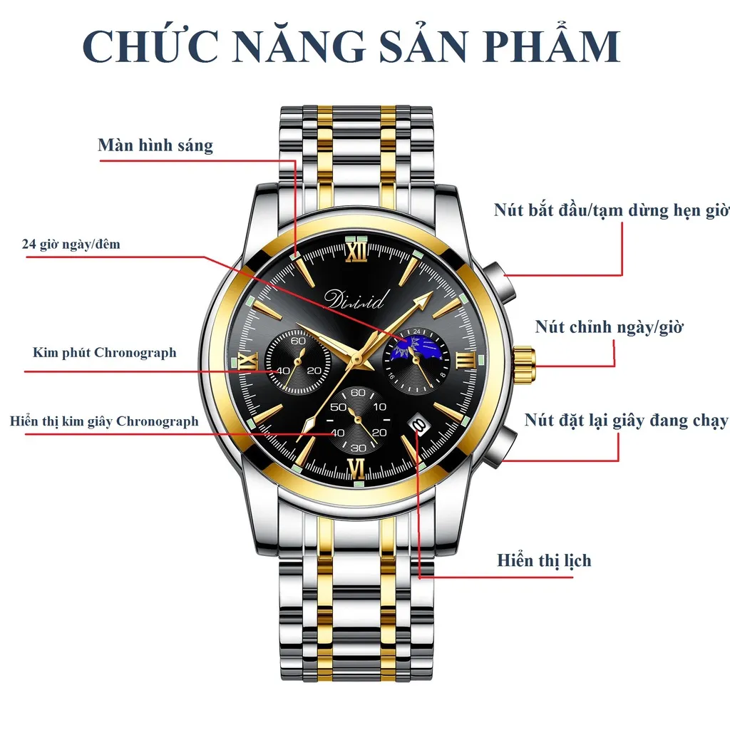 Ảnh Đồng hồ nam DIZIZID chính hãng dây thép không gỉ chạy full kim có lịch ngày - Thiết kế trẻ trung hiện đại DZTT3 3