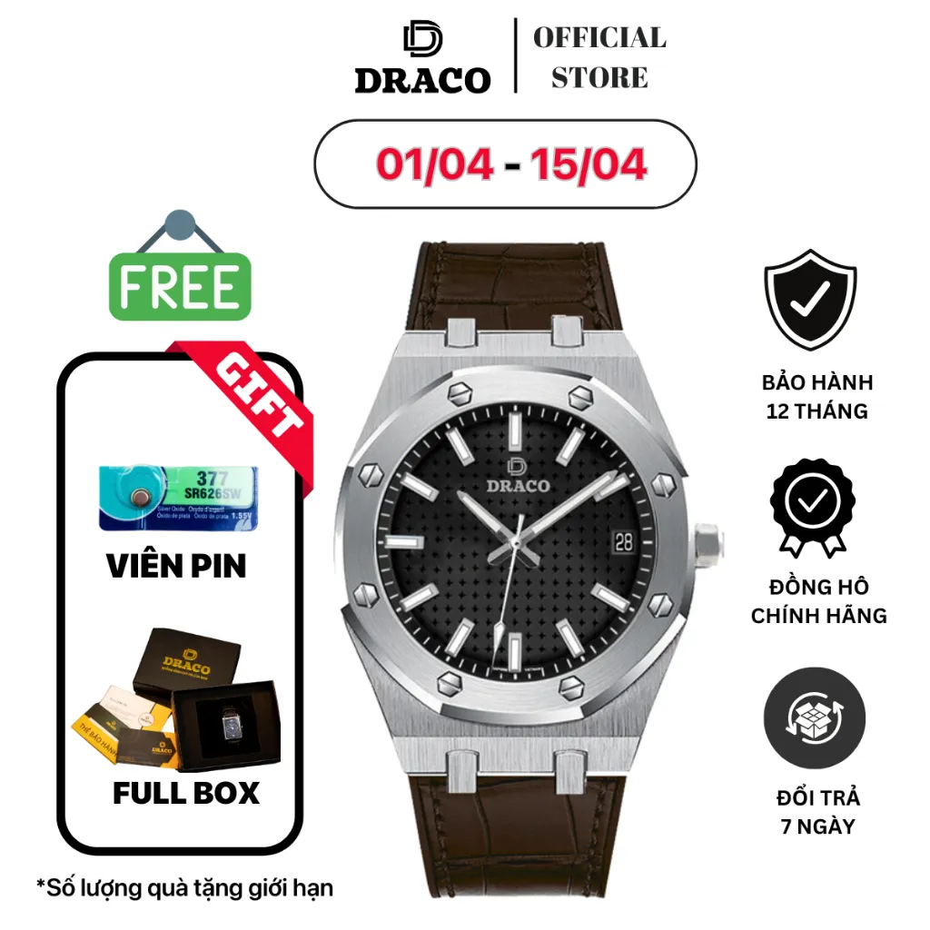 Ảnh Đồng hồ nam Draco D22-DR04 Revolution Watch đen dây da đen, đồng hồ thời trang nam, chính hãng 1