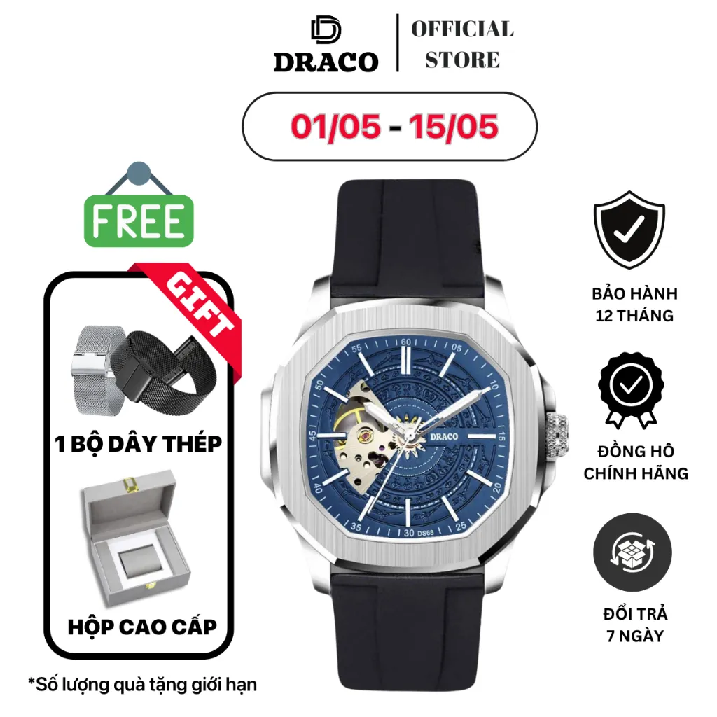 Ảnh Đồng hồ nam Draco D23-DS68 “DongSon” Automatic trắng xanh kết hợp dây cao su non cao cấp màu đen 1