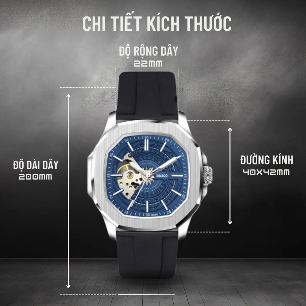 Ảnh Đồng hồ nam Draco D23-DS68 “DongSon” Automatic trắng xanh kết hợp dây cao su non cao cấp màu đen 2