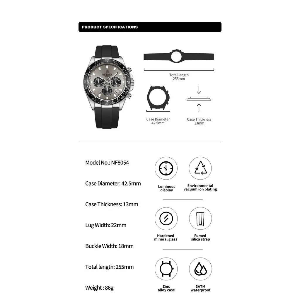 Ảnh Đồng hồ nam sang trọng NAVIFORCE Đồng hồ thạch anh thể thao chống nước Dây đeo silicon Chronograph Đồng hồ đeo tay phát sáng 2