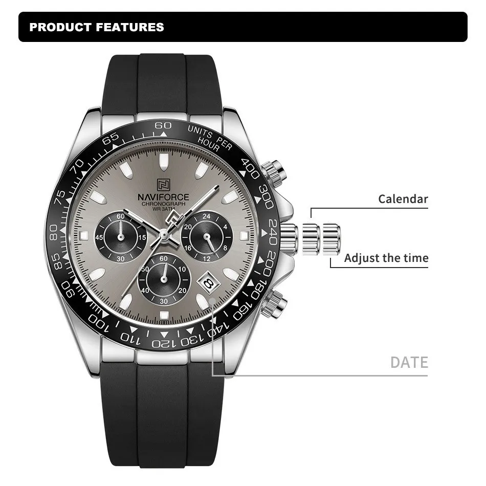 Ảnh Đồng hồ nam sang trọng NAVIFORCE Đồng hồ thạch anh thể thao chống nước Dây đeo silicon Chronograph Đồng hồ đeo tay phát sáng 4