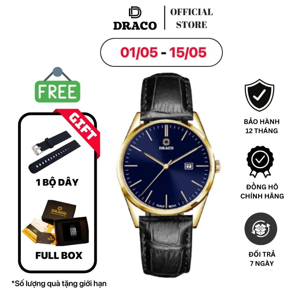 Ảnh Đồng Hồ Nam - Thương Hiệu Draco D24-DC010 "Delicate" MẶT XANH DÂY DA ĐEN 1