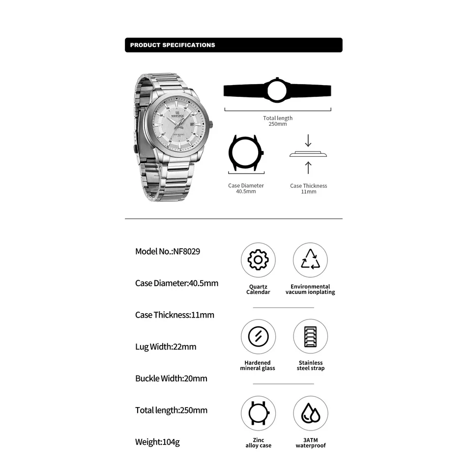 Ảnh Đồng hồ NAVIFORCE dành cho nam thời trang chống nước Thạch anh bằng thép không gỉ thông thường Đồng hồ đeo tay dạ quang sang trọng 2